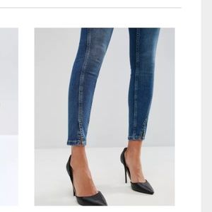 ASOS LISBON Skinny Mid Rise Jeans in Mid Wash Blue with Vent Hem